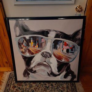 Adorable Boston Terrier w/ Sunglasses City Portrait Handpainted 34"x34"